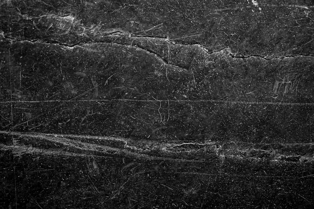 A detailed black and white texture showcasing cracks and patterns on a wall surface.